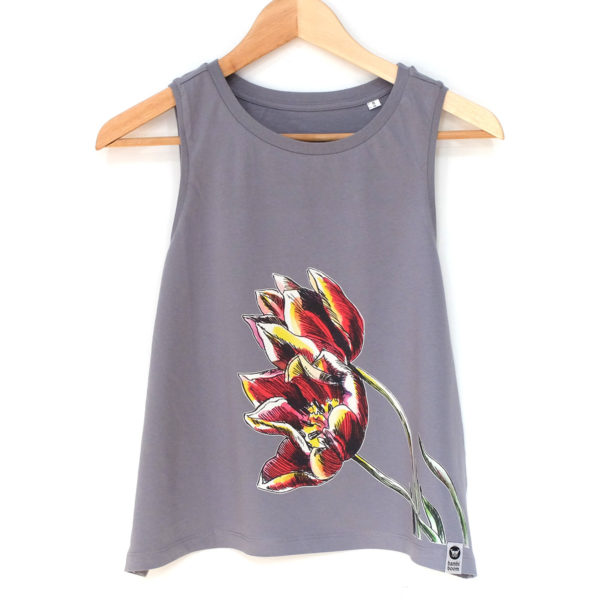 bambiboom Fairtrade Tanktop Kurztop oversized Print Aufdruck Frauen Damen Sommer Tulpe Blume, lavendel lila grau