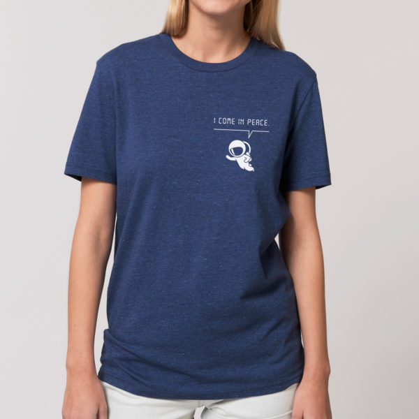 bambiboom Fairtrade T-Shirt Print Aufdruck Weltraum Space Shirt Unisex Männer Frauen Mondmann, blau melange