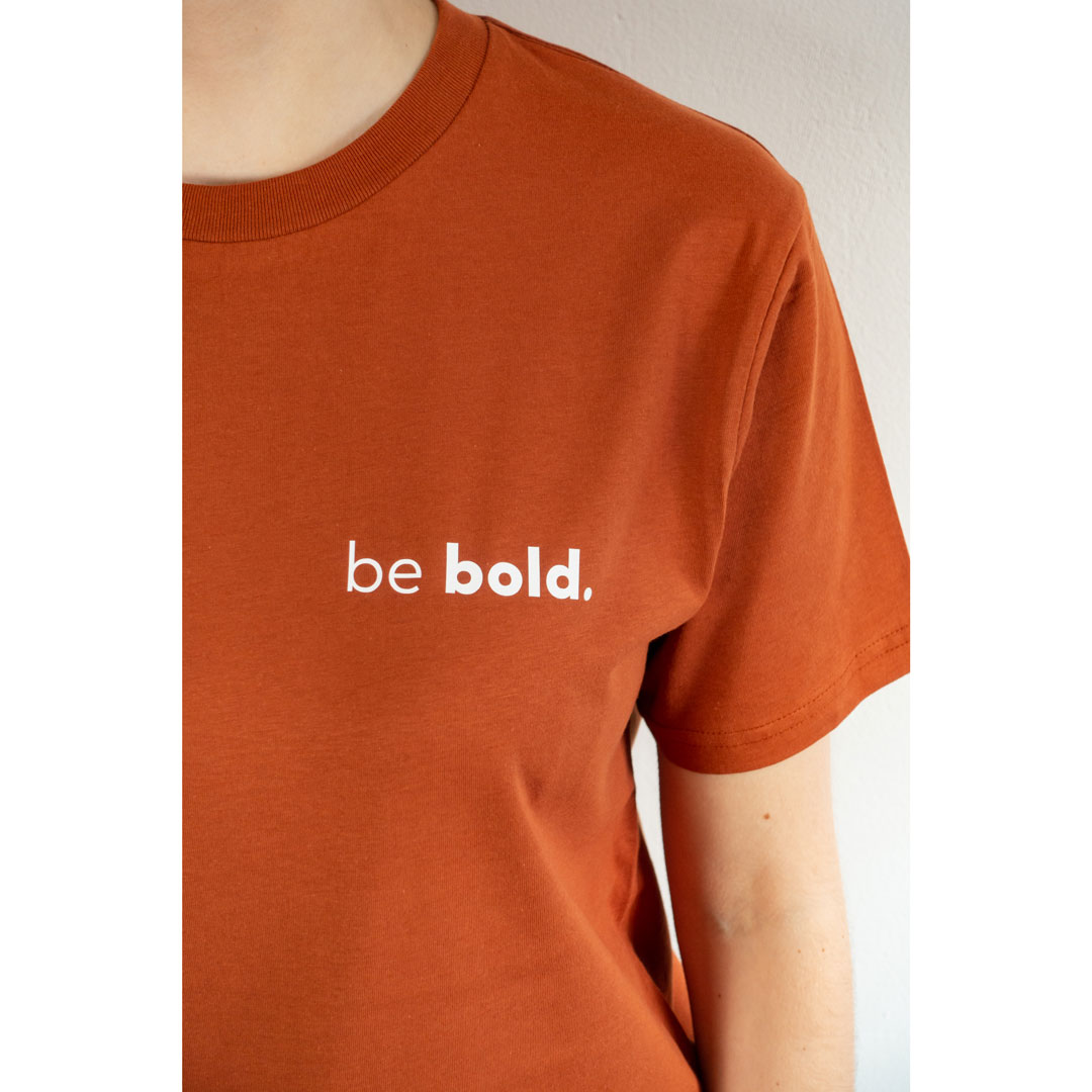 bambiboom Fairtrade T-Shirt Unisex Damen Herren Print Aufdruck Empowerment Shirt be bold, dunkelorange rostrot